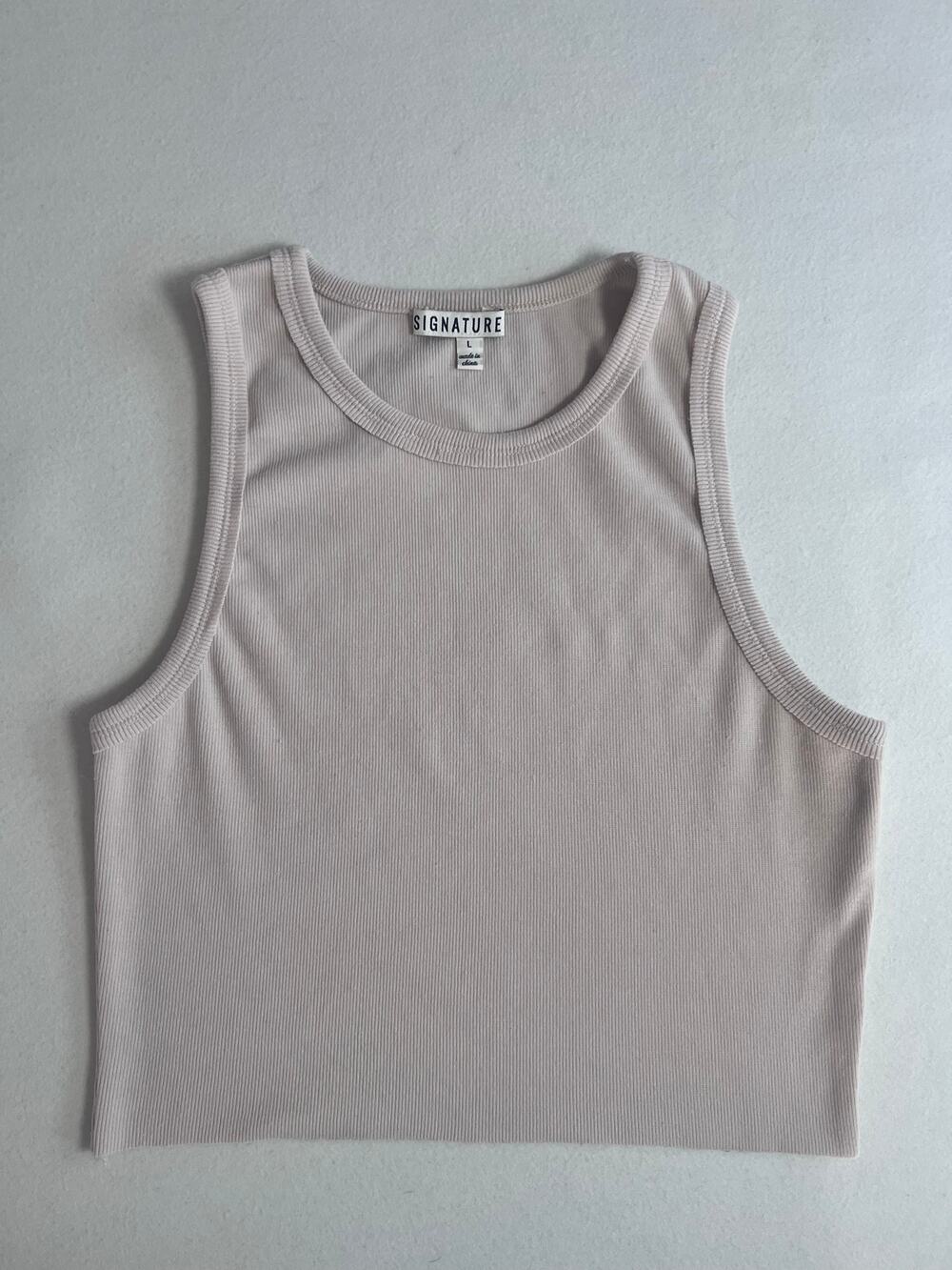 Signature 8 Womens L Beige Ribbed Crop Tank Top Crew Neck Y2K Minimalist